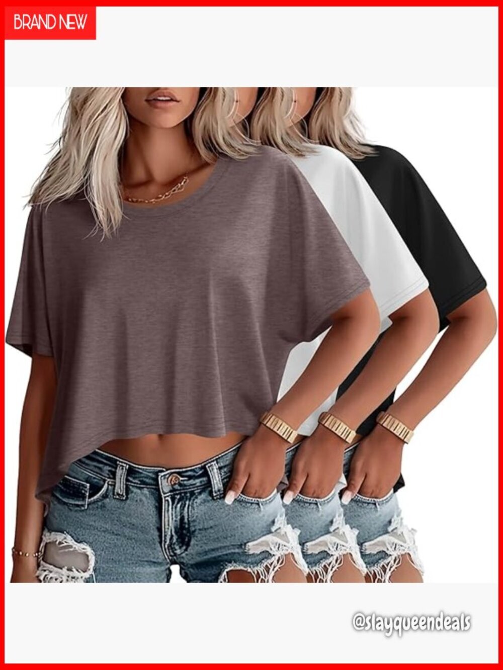 Oversized Cropped T-Shirts 3 Pack Short Sleeve Crew Neck Loose Fit